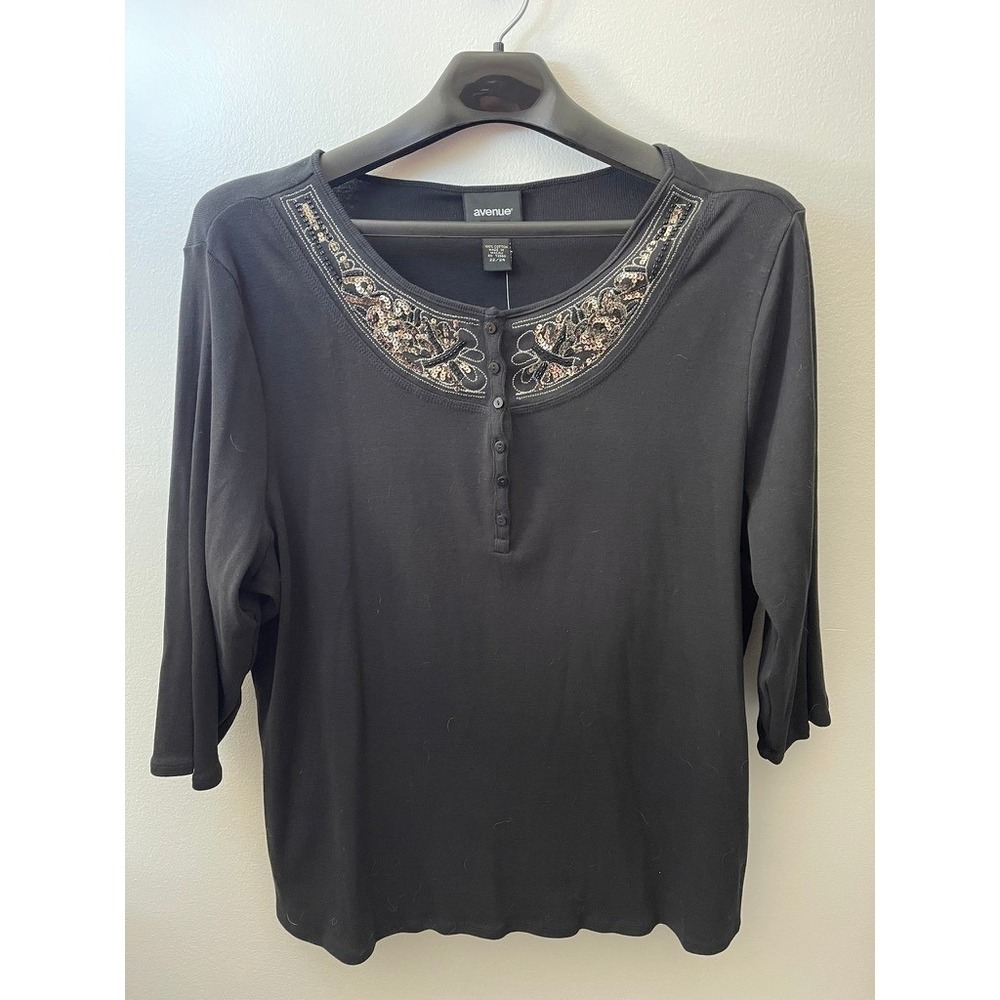 Avenue Womens Black Sequin Embroidered Henley Top Plus Size 22/24 3/4 Sleeve